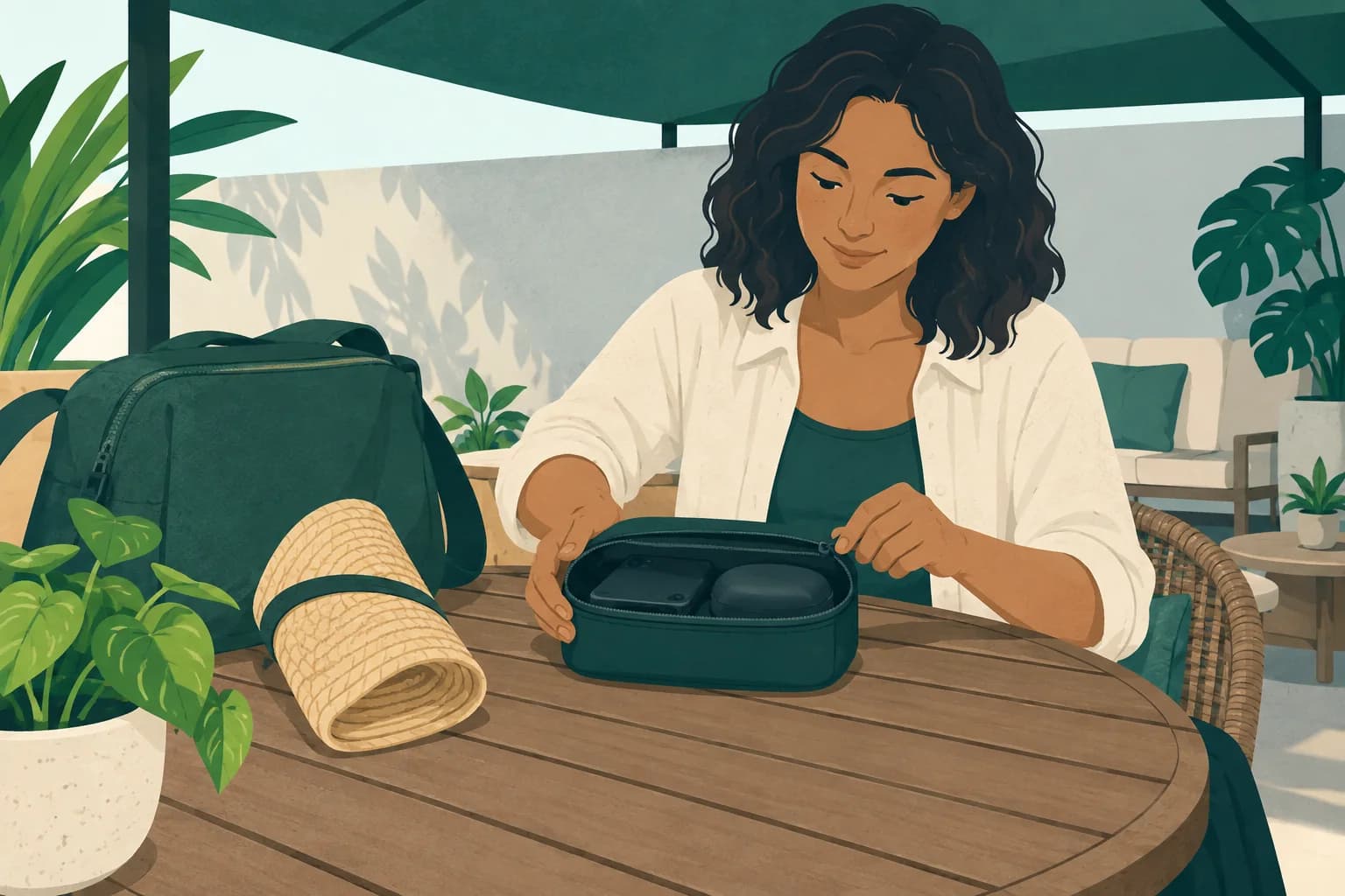Adult traveler closes an audio pouch at a shaded table beside a rolled sunhat and daybag.