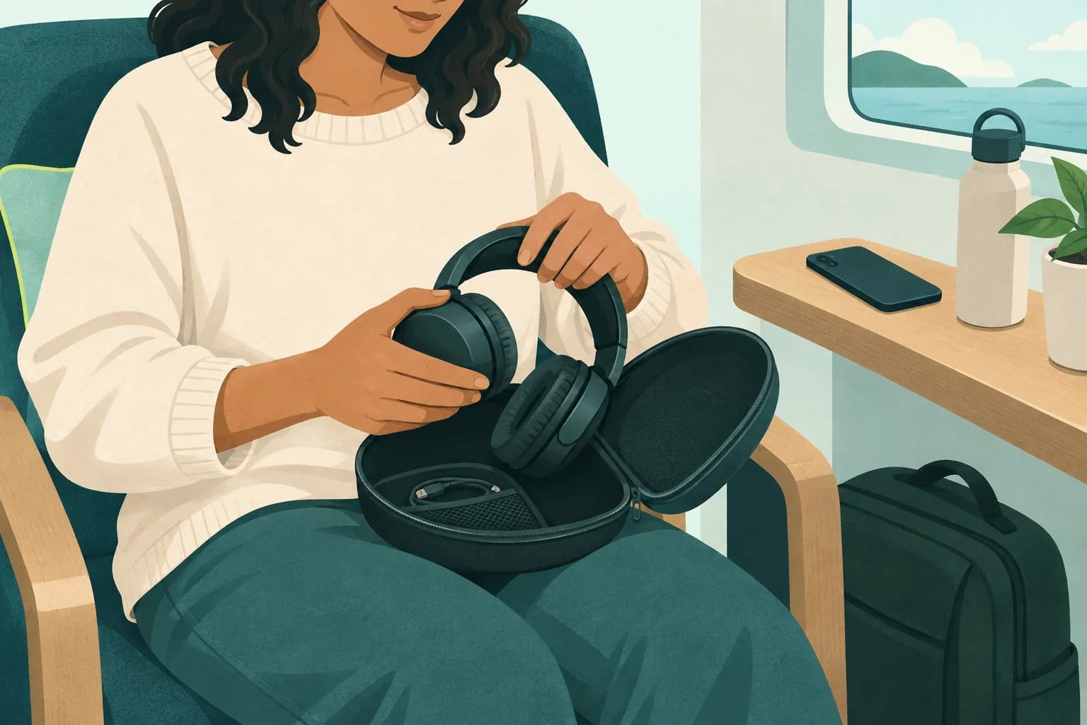 Adult passenger folds ordinary over-ear headphones into a case while seated in a generic cabin.