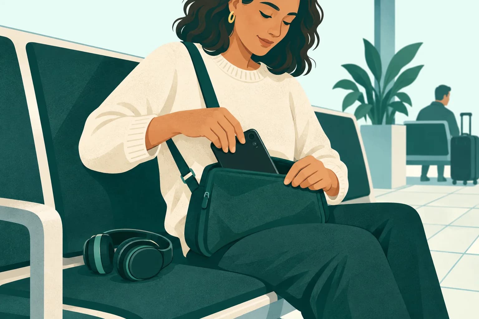 Adult rail passenger puts a phone into a lap-held crossbody bag beside folded ordinary headphones.