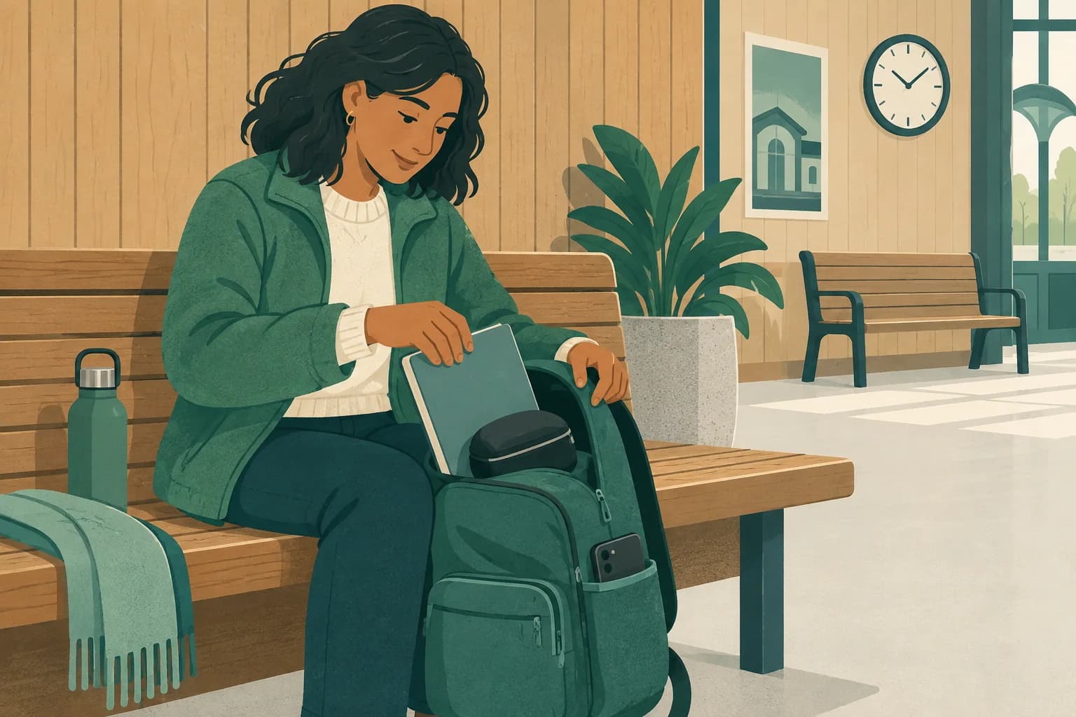 Adult traveler stows a closed guidebook in a daybag on a station bench with a headphone case kept accessible.