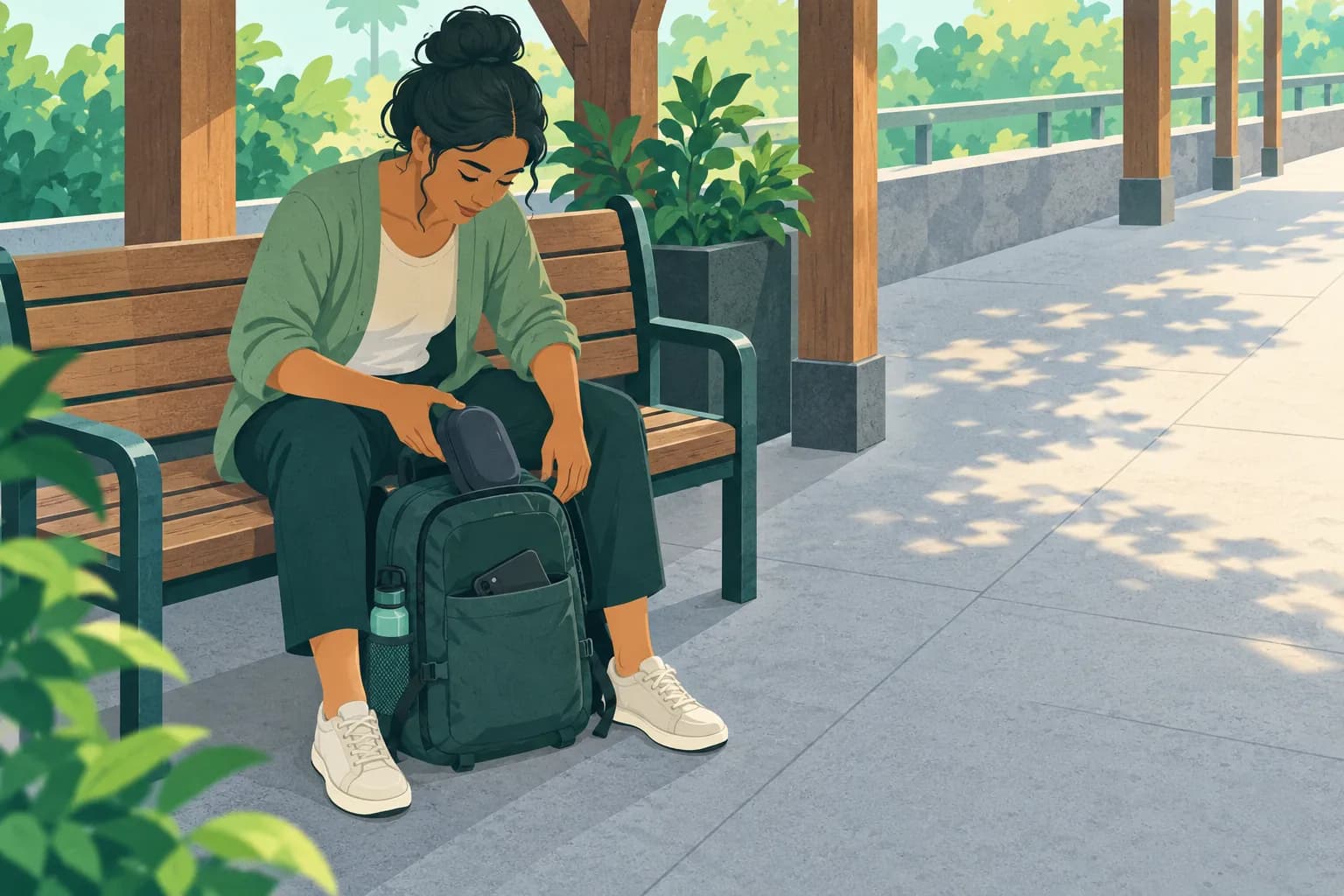 Adult rail traveler retrieves a headphone case from a close upright backpack while keeping the waiting-area passage clear.