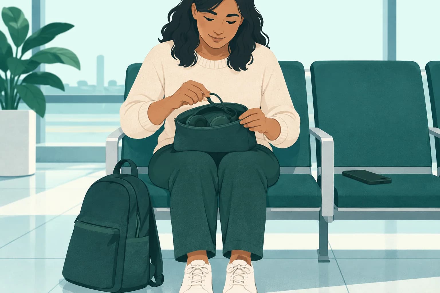 Adult ferry passenger tucks a short headphone lead inside a lap-held pouch while seated in the terminal.