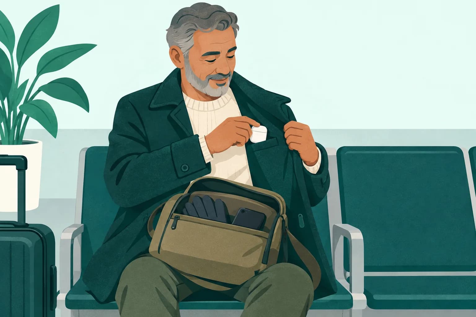 Older adult ferry passenger stores a closed earbud case in an inner coat pocket while seated in the terminal.
