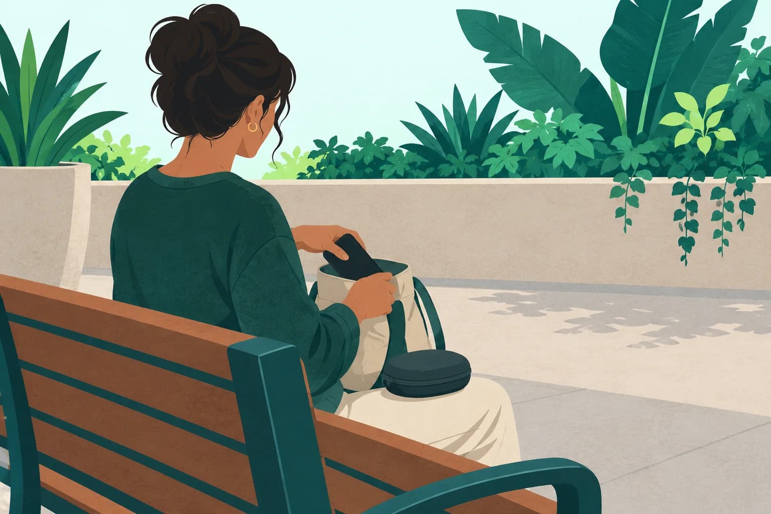 Adult visitor puts a phone away from a fixed rest bench facing a still planter wall.