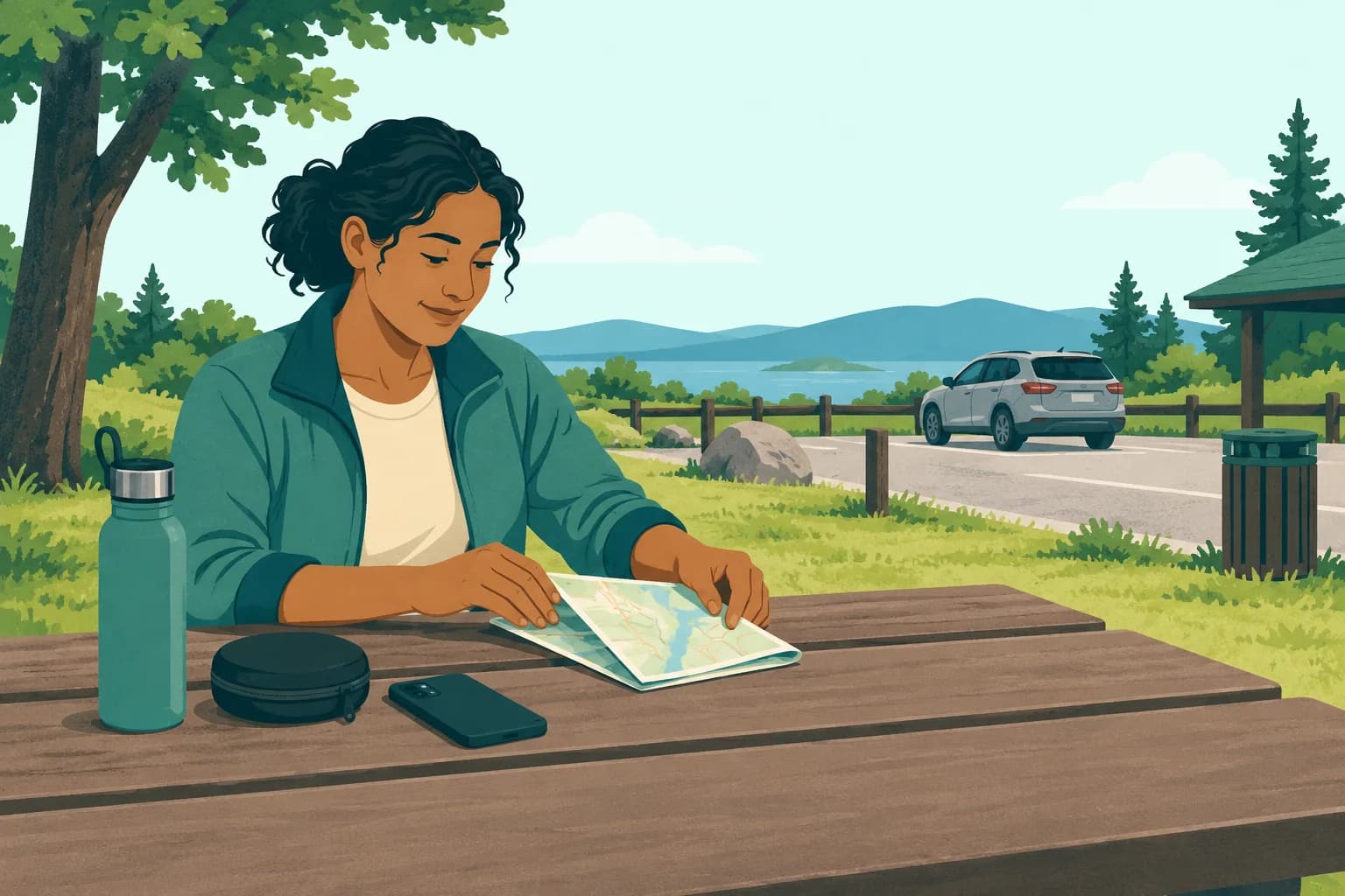 Adult passenger folds a paper map at a fixed rest-stop table with a phone and headphone case beside them.
