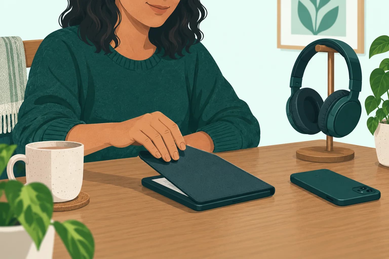 Adult reader closes an e-reader cover at a table with ordinary headphones and a face-down phone nearby.