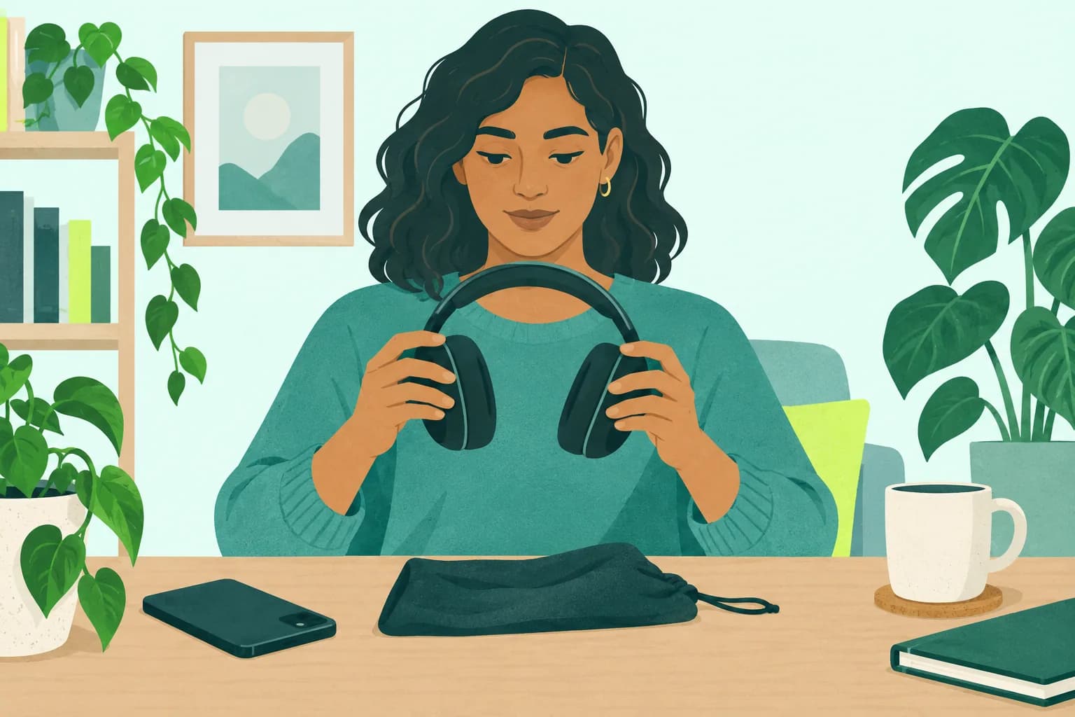 Adult at a desk checks the size of ordinary wireless headphones beside a face-down phone.