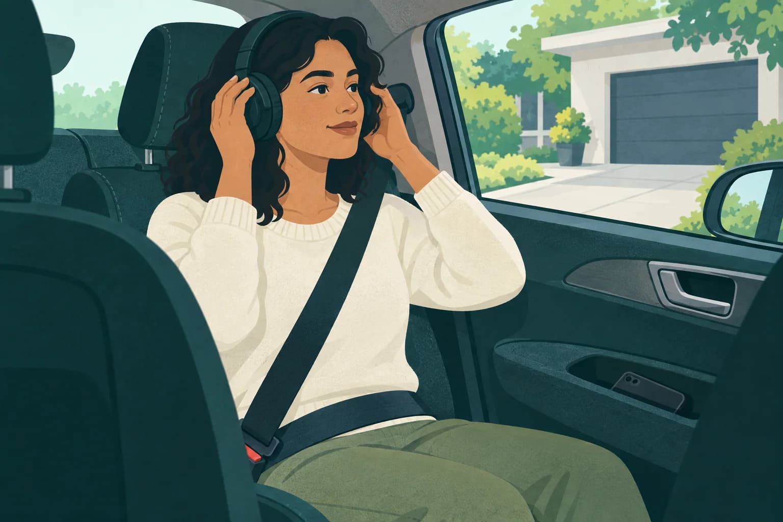 Adult passenger adjusts ordinary headphones in a parked car with a correctly fastened three-point belt and phone put away.