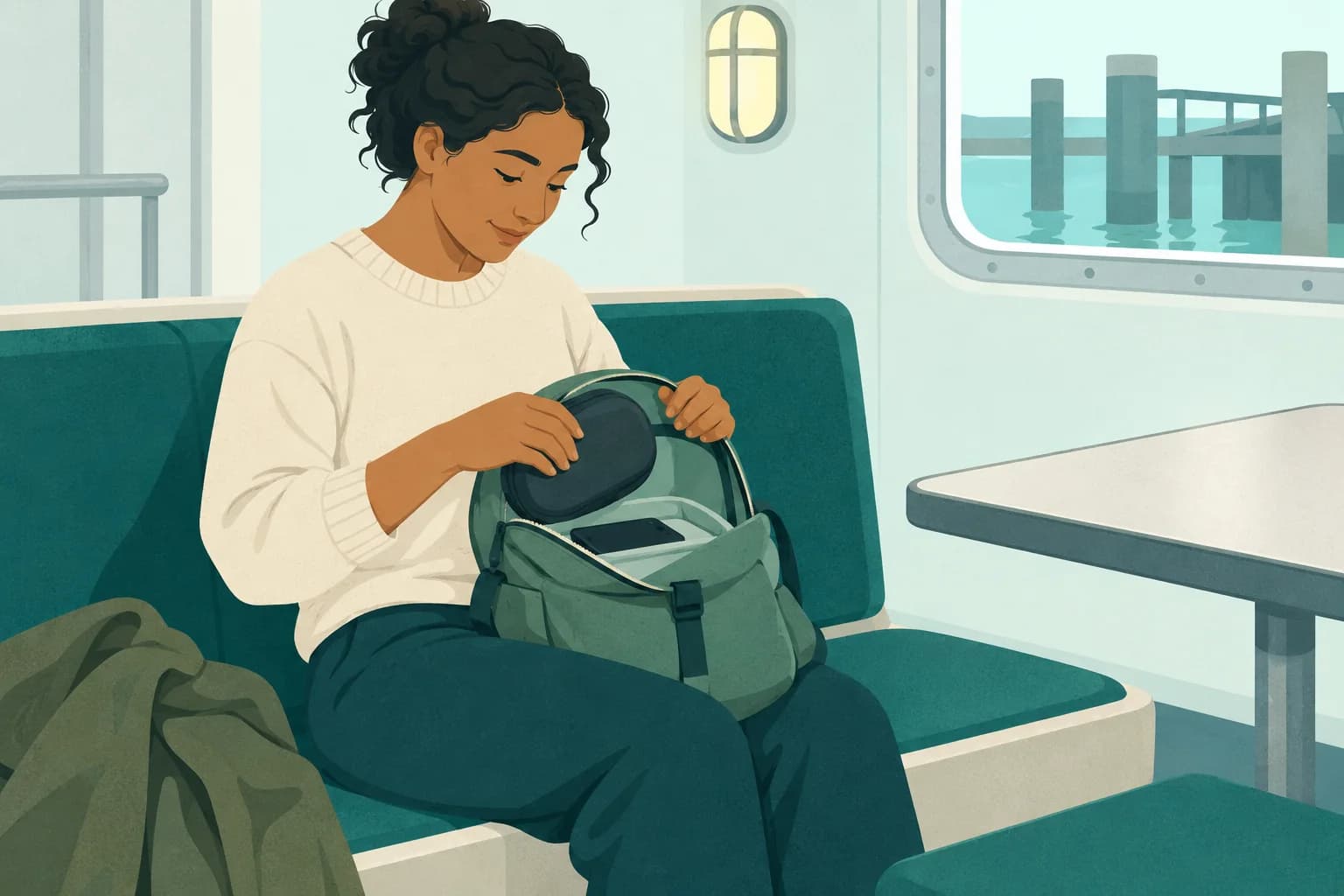 Adult ship passenger reaches a headphone case in a lap-held daybag while seated in a sheltered interior.