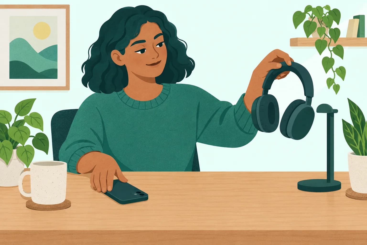 Adult seated at a desk puts a phone face-down and takes ordinary headphones from a stand.