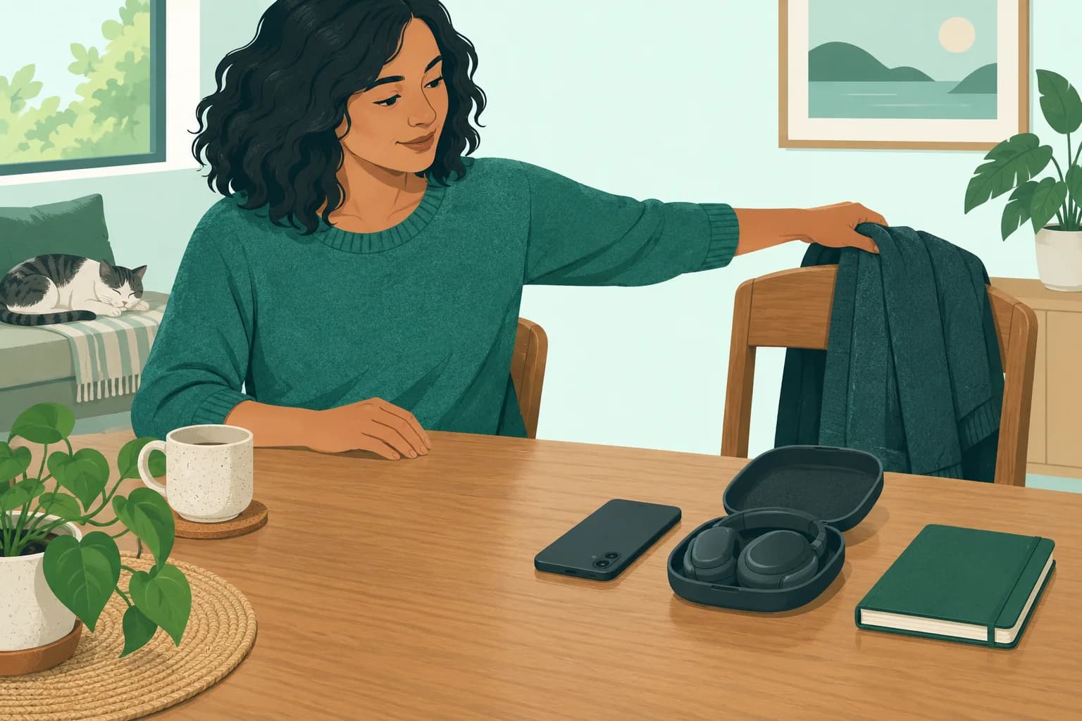 Adult clears a dry tabletop by moving a folded outer layer beside a phone and ordinary headphone case.