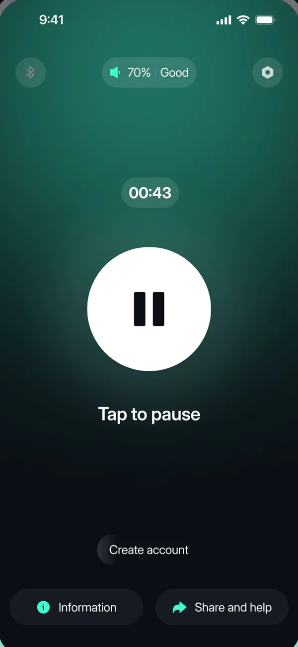 The Dizzout app playing a session: a timer counting up and a pause button.