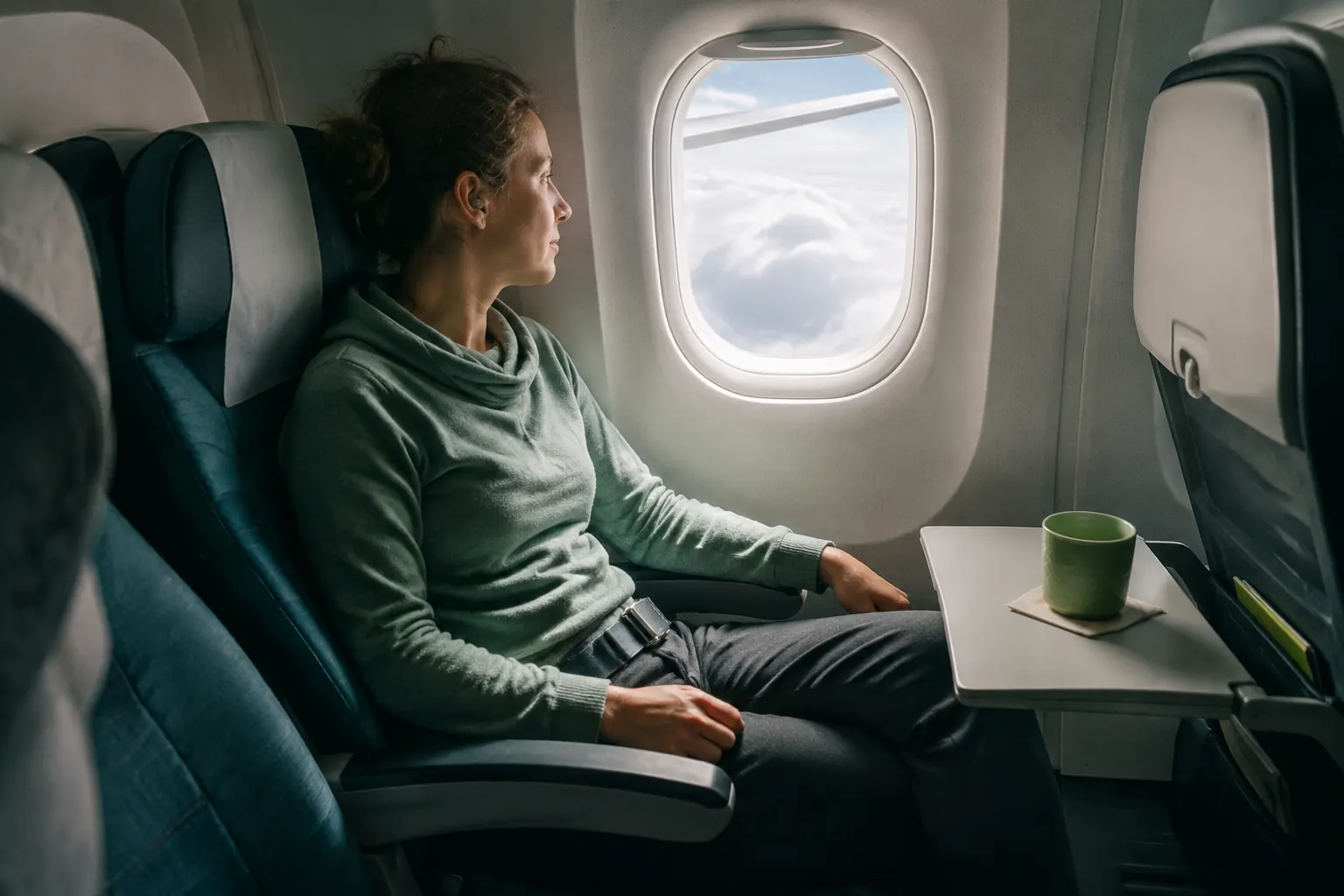 Belted airline passenger keeping feet grounded and eyes on the horizon during light turbulence.
