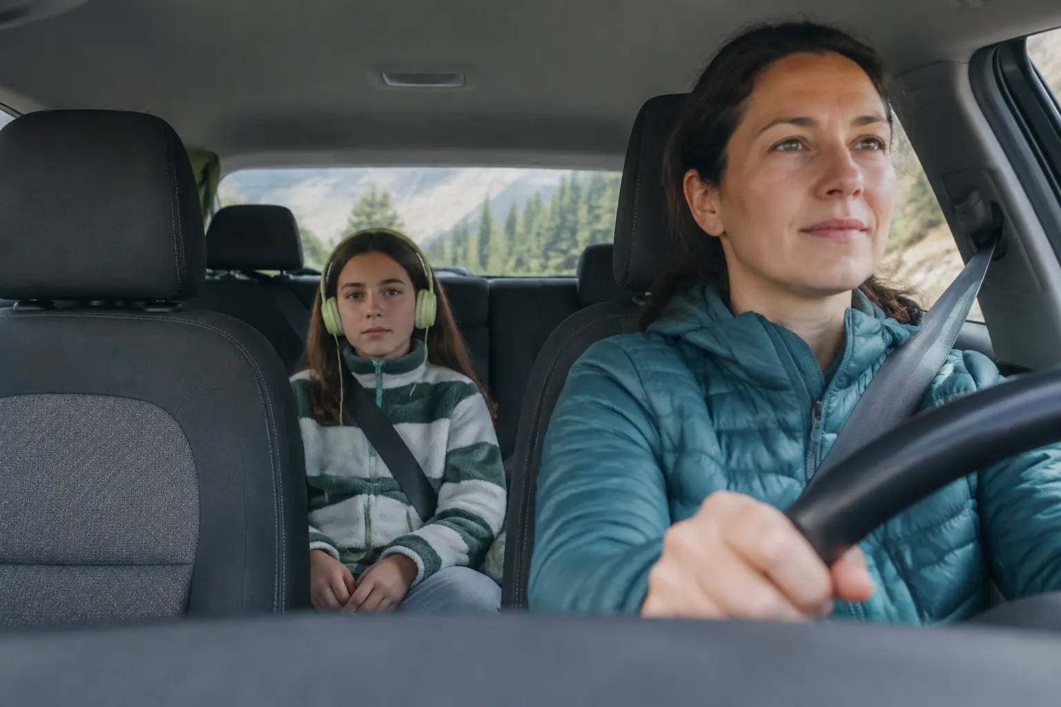 Child in a rear car seat looking forward and listening to audio while a parent drives.