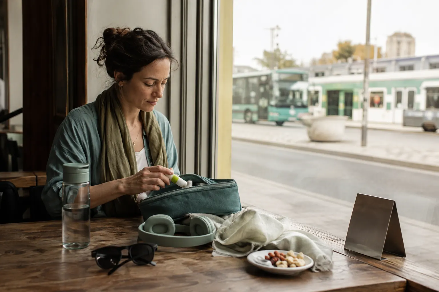 Traveler preparing water, plain snacks, headphones and other practical items before a journey.
