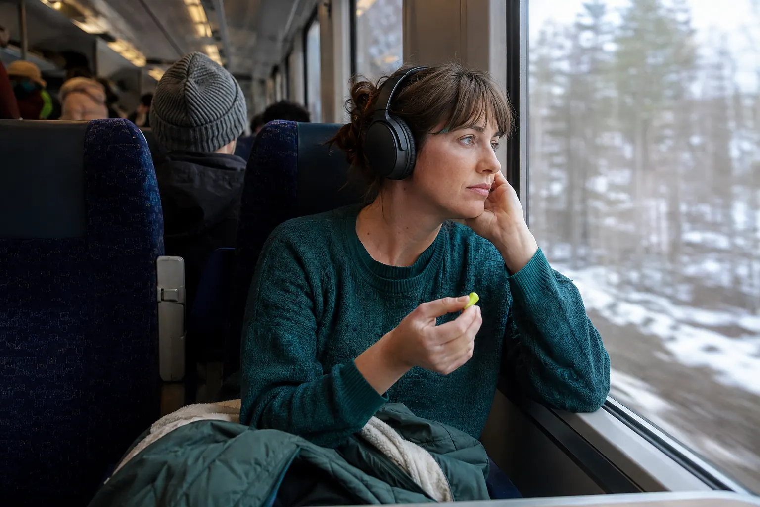 Train passenger wearing plain headphones while considering a single foam earplug and looking outside.