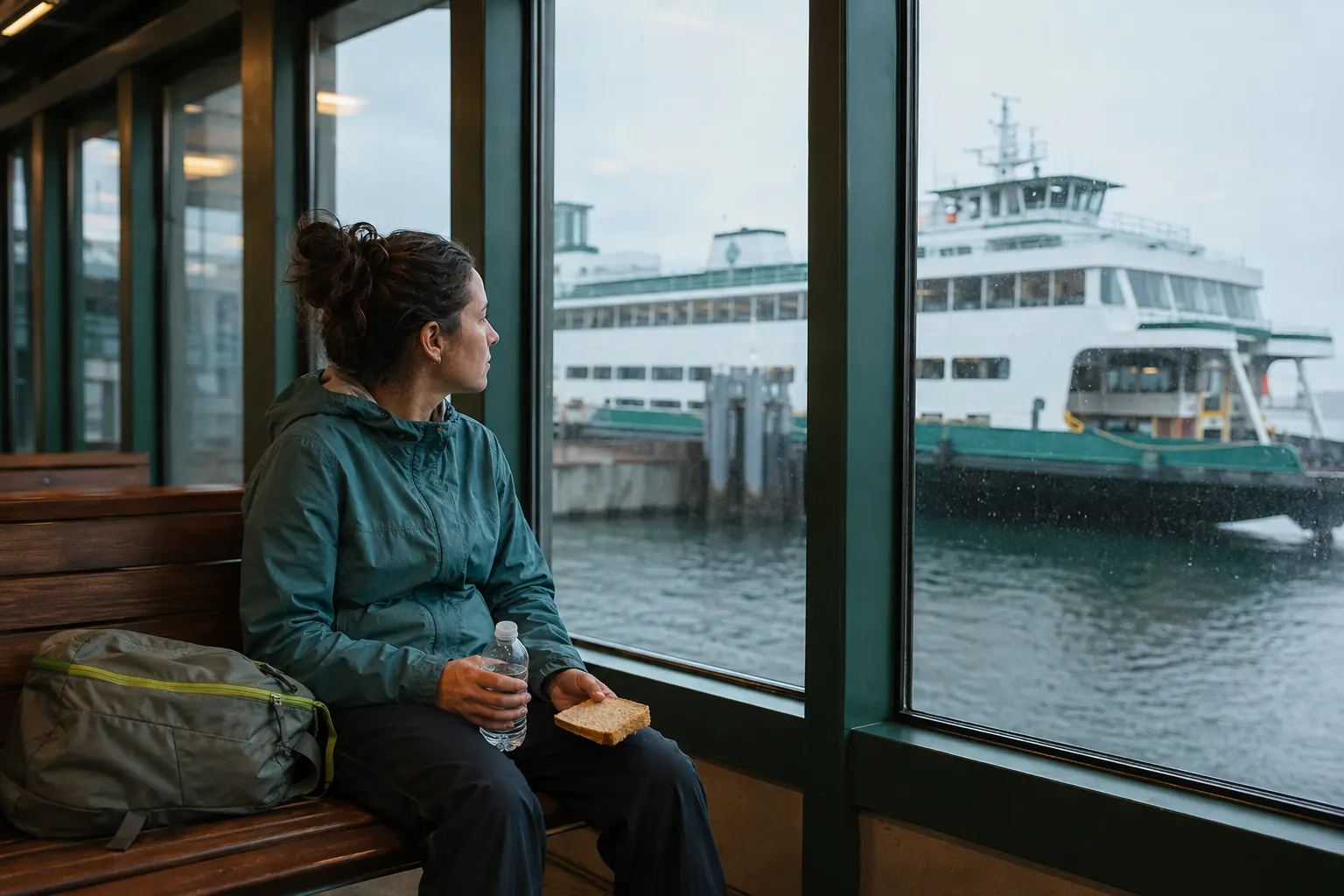 Tired traveler with water and dry toast waiting for an early ferry home.