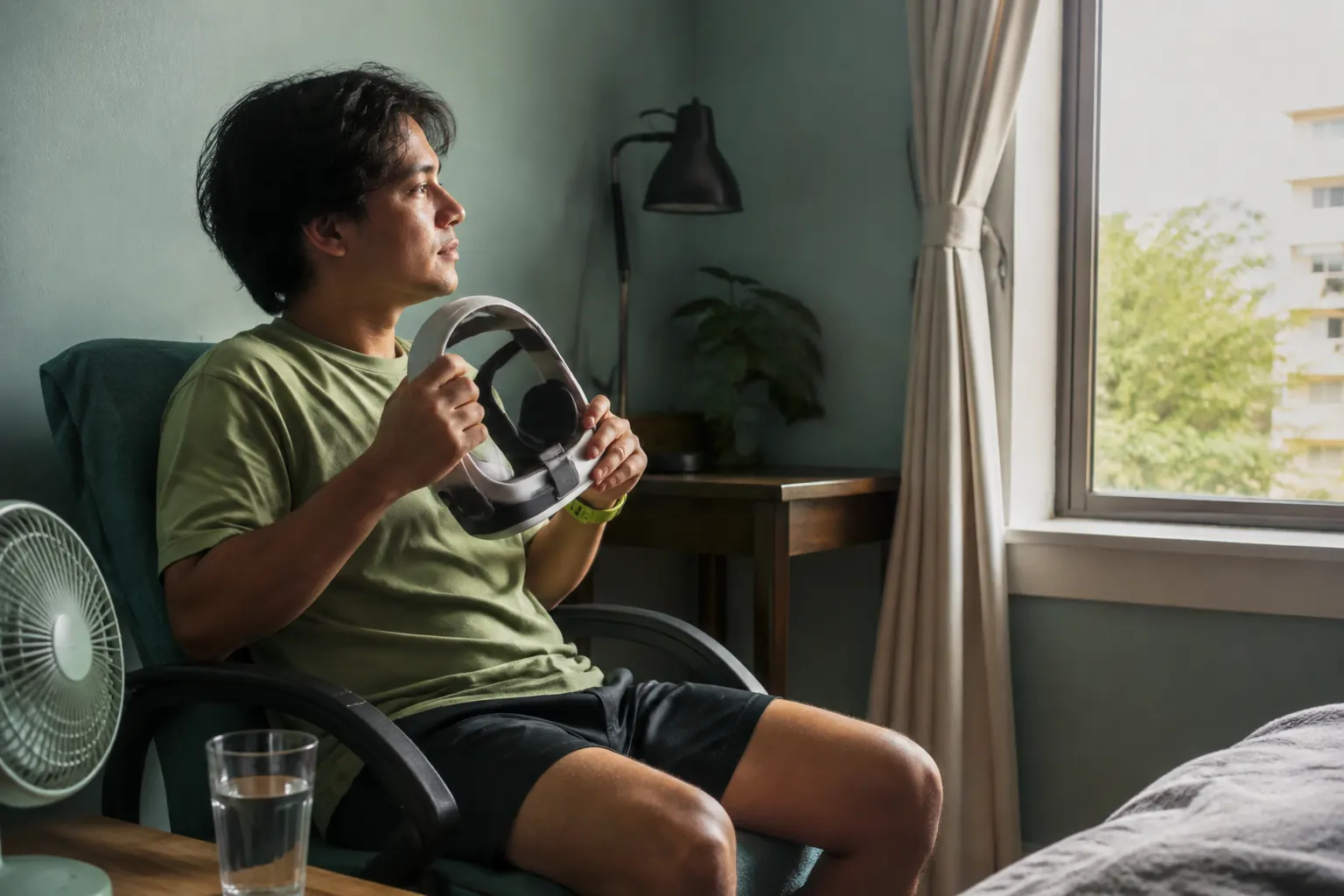 VR player sitting with both feet grounded after removing the headset and facing an open window.