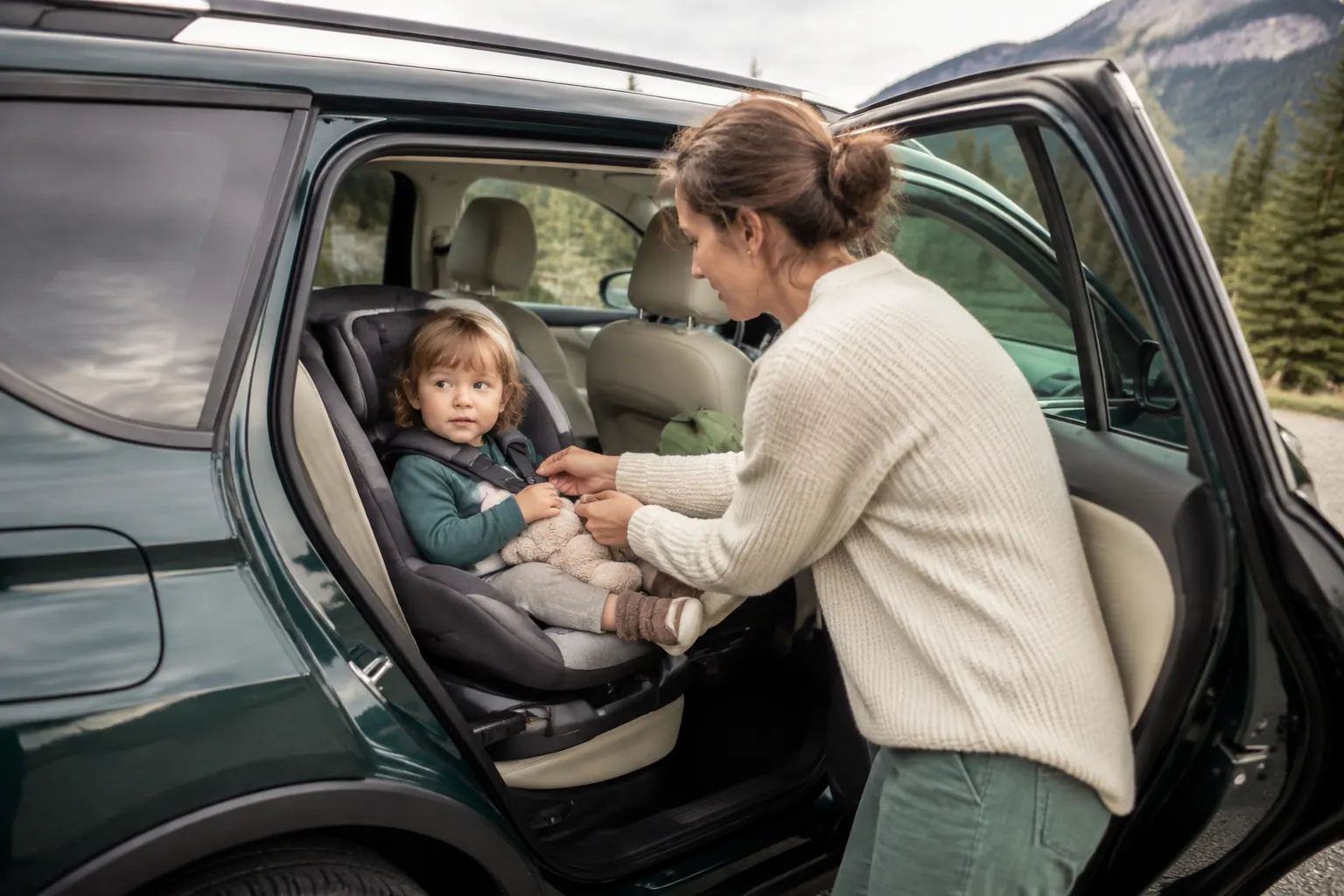 Parent preparing a toddler in a rear car seat with a clear view, audio entertainment and a comfort toy.