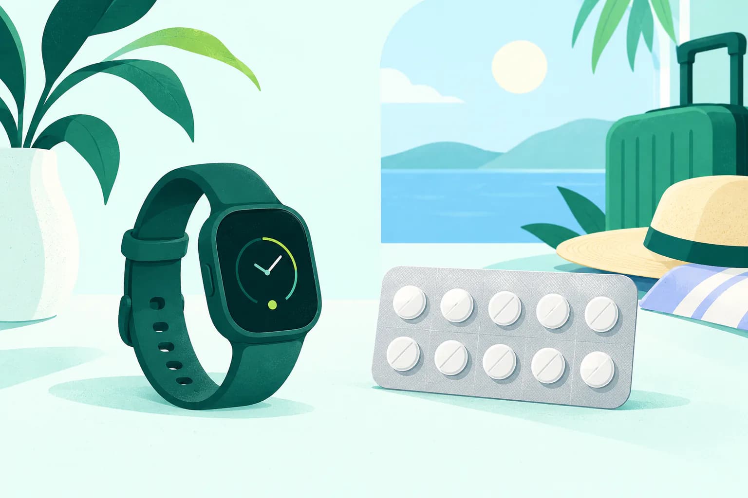 Flat editorial illustration for Reliefband vs Dramamine: Electrical Band or Pills?, of unbranded travel options arranged neutrally without a winner or outcome claim.
