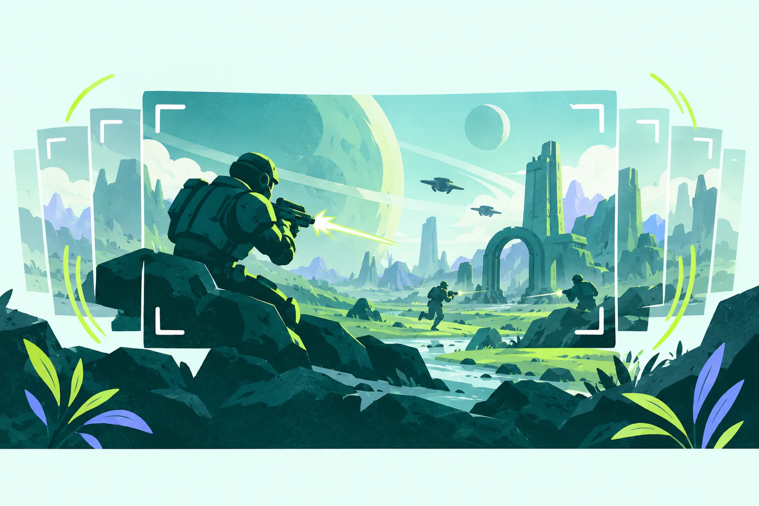 Flat editorial illustration for Helldivers 2, of an original game scene using camera frames and a stable visual reference.
