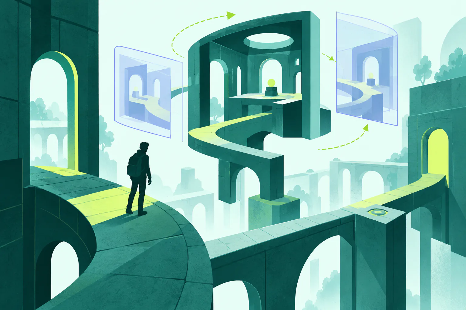 Flat editorial illustration for Portal 2 (and Portal), of an original game scene using camera frames and a stable visual reference.