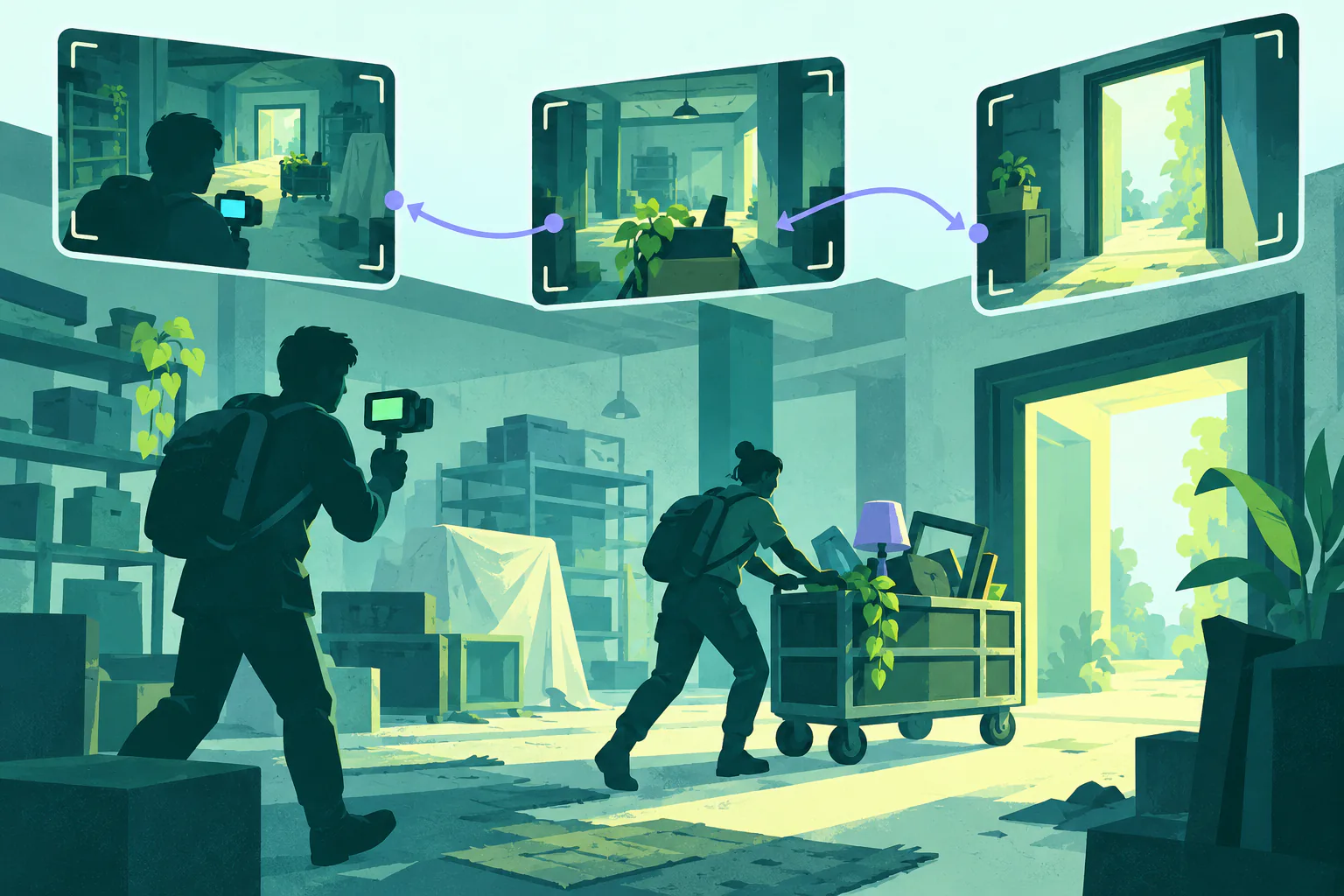 Flat editorial illustration for R.E.P.O., of an original game scene using camera frames and a stable visual reference.