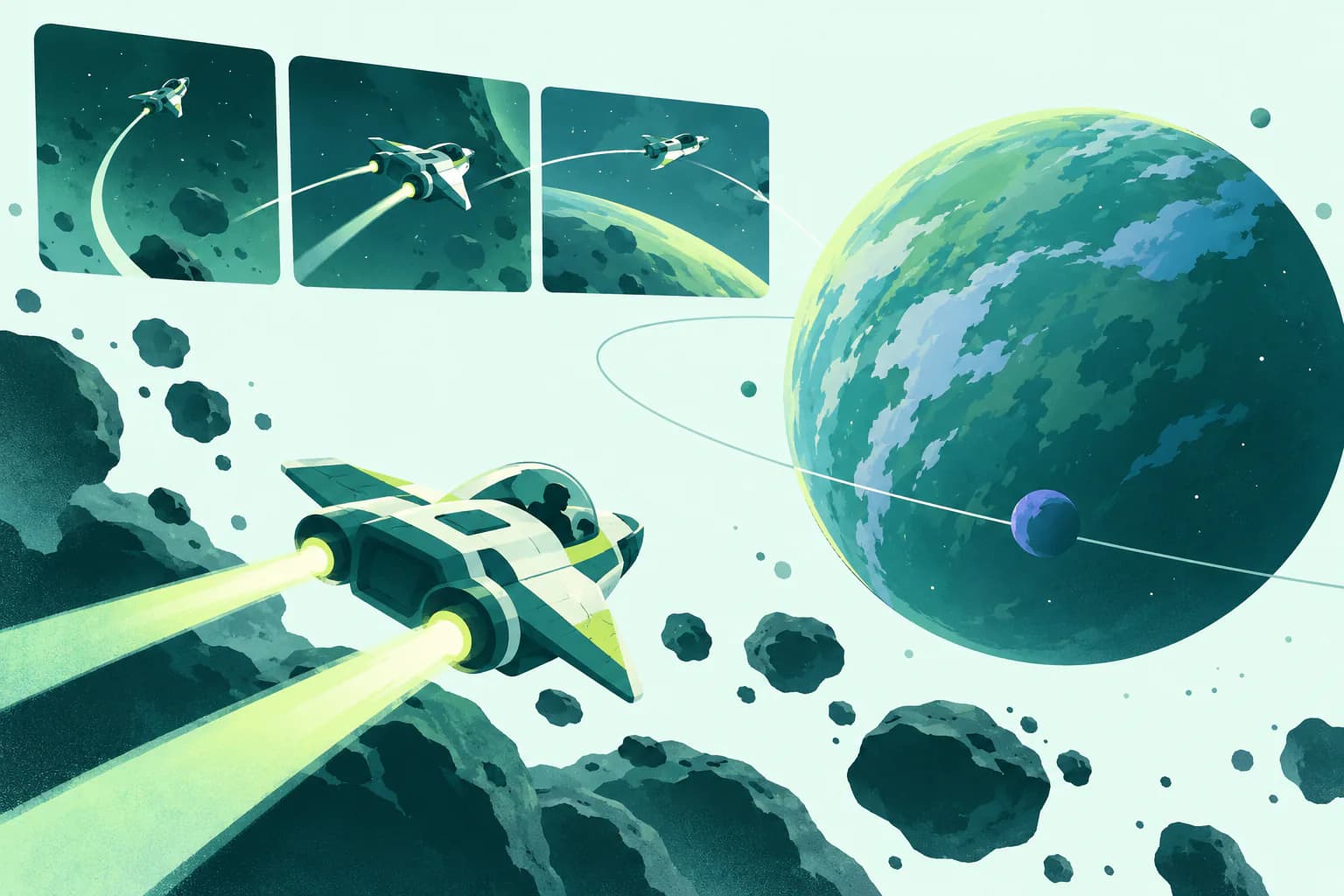 Flat editorial illustration for Star Fox (Switch 2), of an original game scene using camera frames and a stable visual reference.