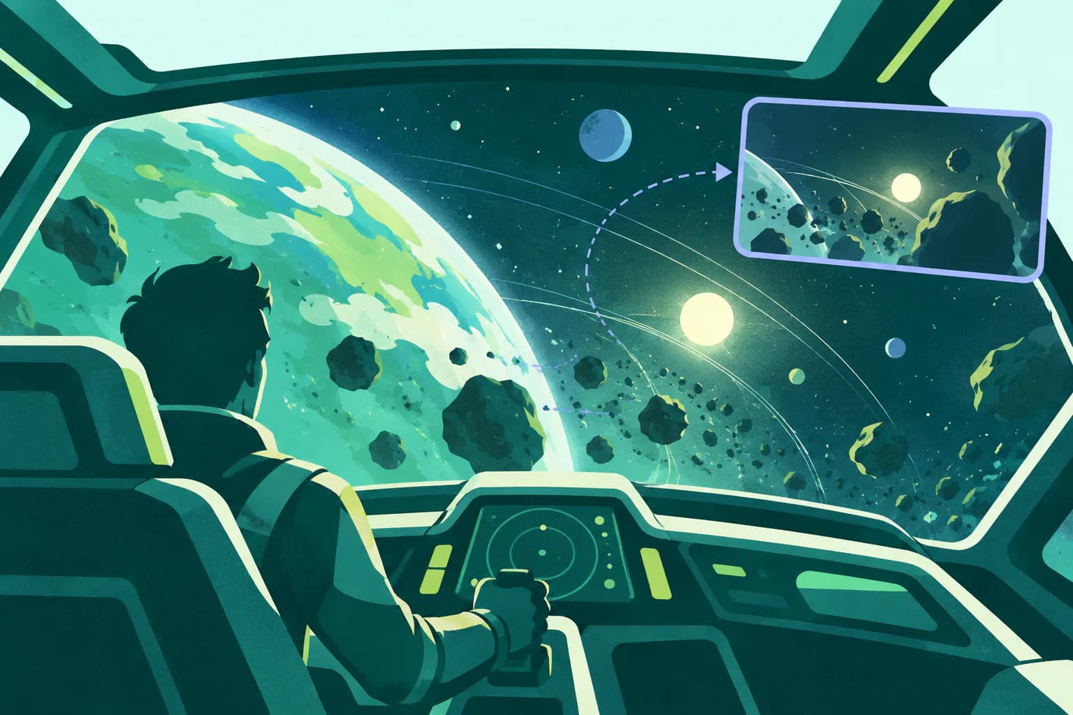 Flat editorial illustration for Starfield, of an original game scene using camera frames and a stable visual reference.