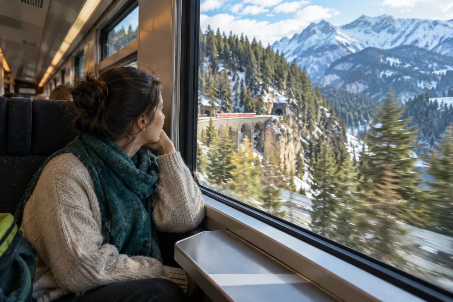 Candid editorial photo for Albula line, of a passenger by a train window with near and distant motion references.