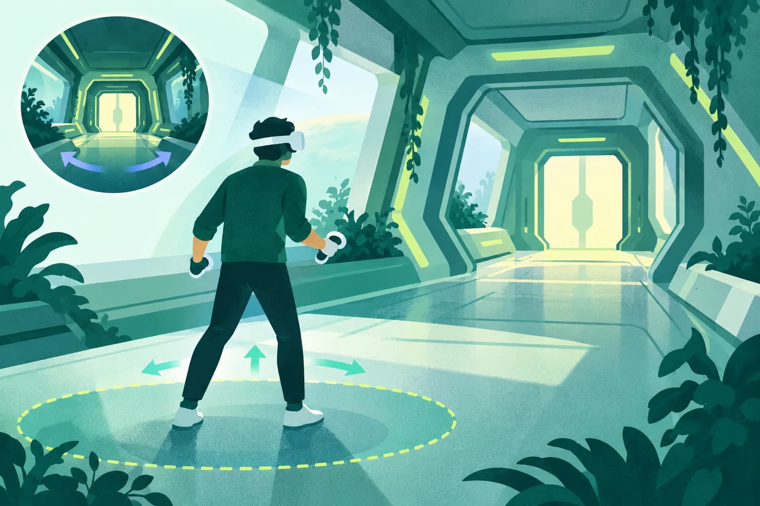 Flat editorial illustration for Alien: Rogue Incursion, of a generic VR comfort scene with a safe boundary and restrained motion cues.