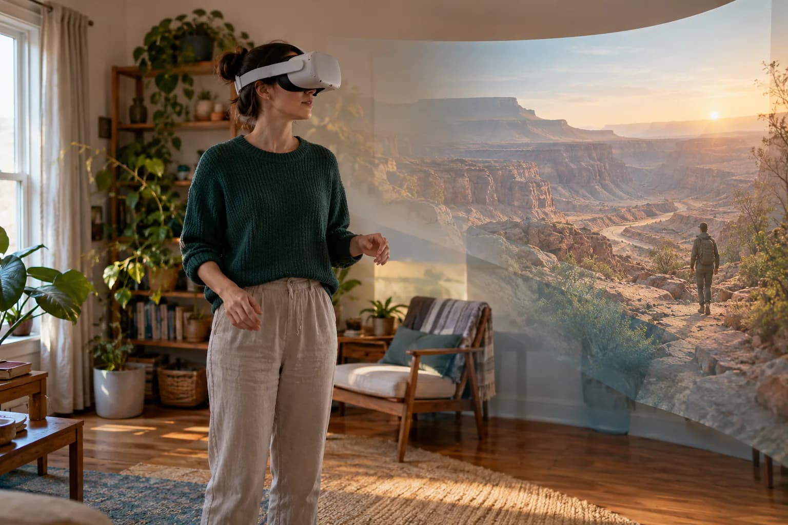 Candid editorial photo for Arizona Sunshine 2, of a generic VR comfort scene with a safe boundary and restrained motion cues.