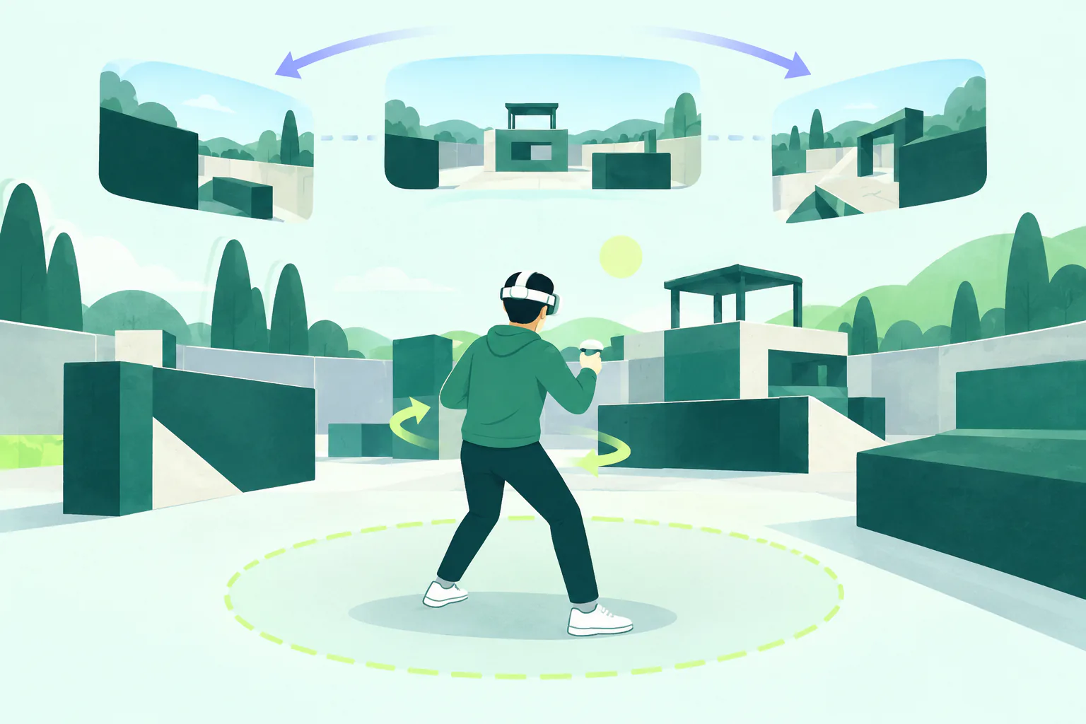 Flat editorial illustration for Contractors, of a generic VR comfort scene with a safe boundary and restrained motion cues.