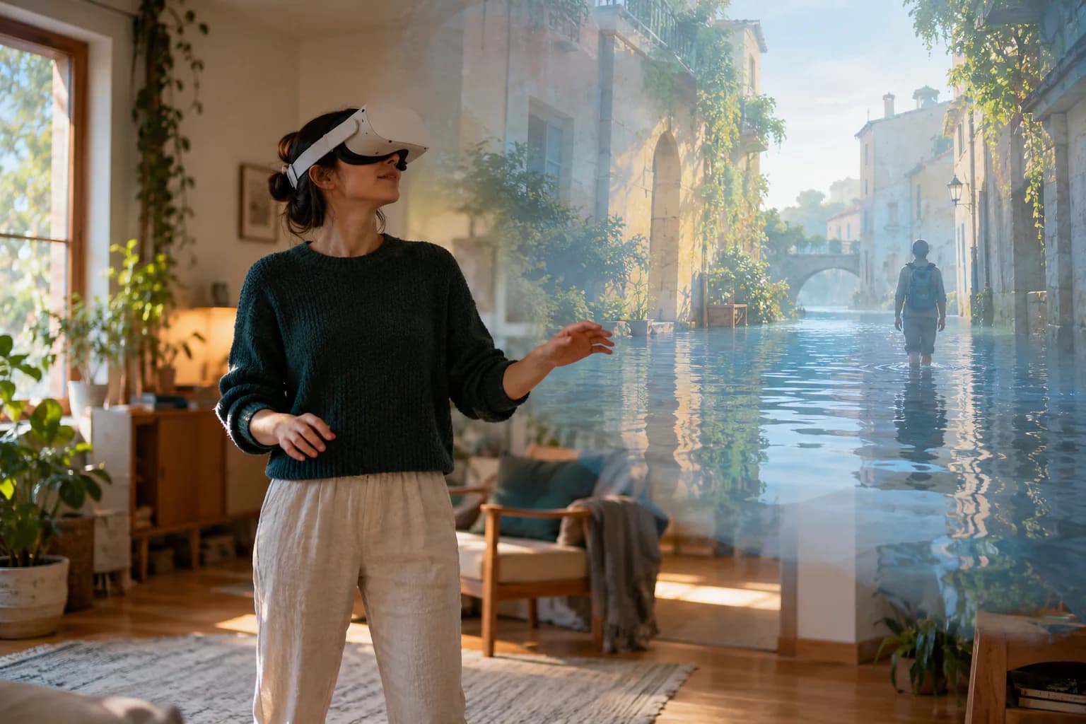 Candid editorial photo for The Walking Dead: Saints and Sinners, of a generic VR comfort scene with a safe boundary and restrained motion cues.