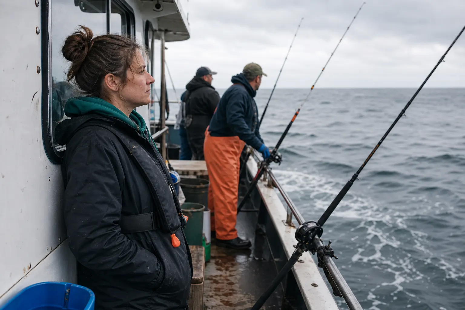 Deep-sea fishing passenger taking a horizon break on a safely equipped boat drifting in swell.