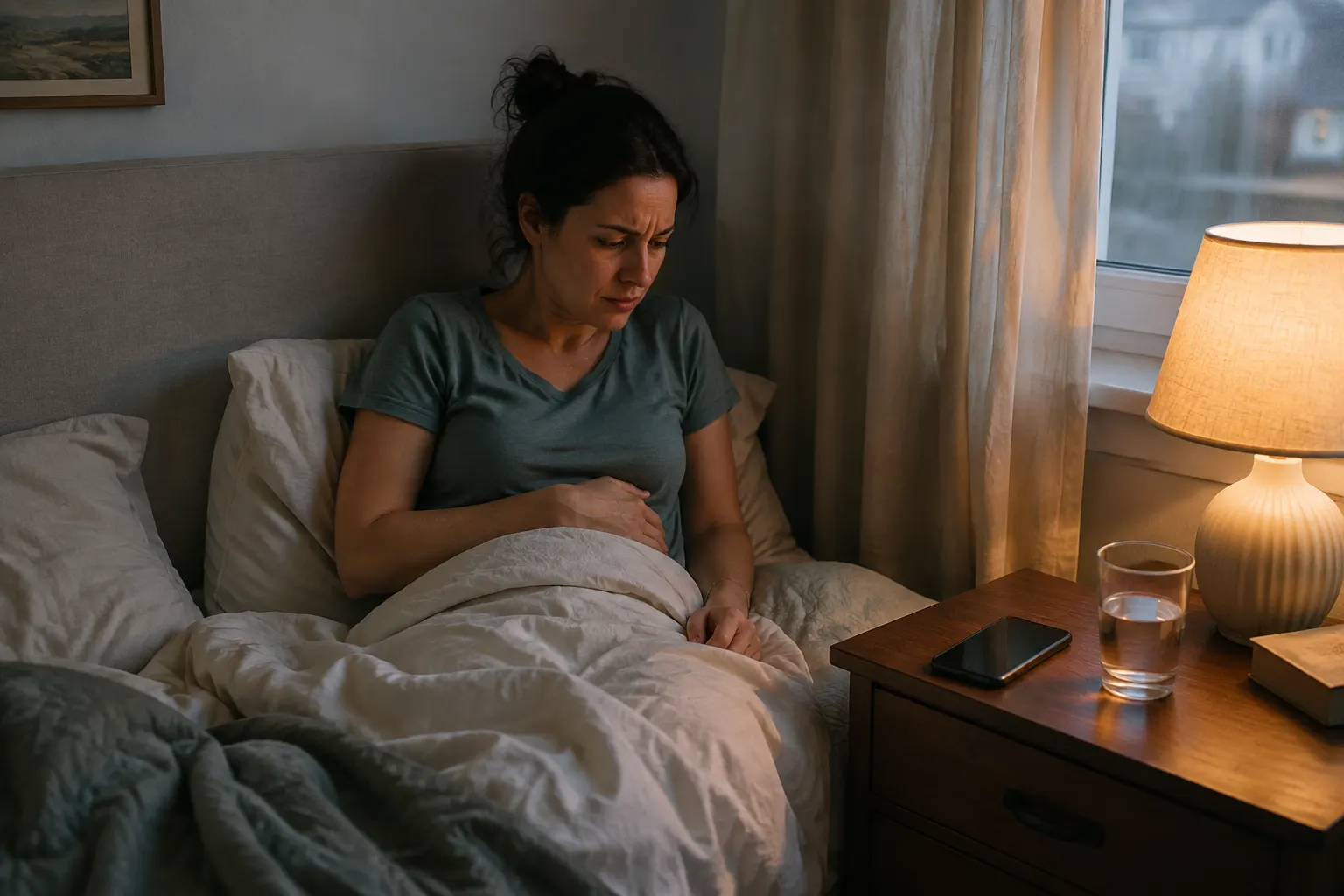 Person sitting upright in bed after placing their phone on the bedside table during a screen break.