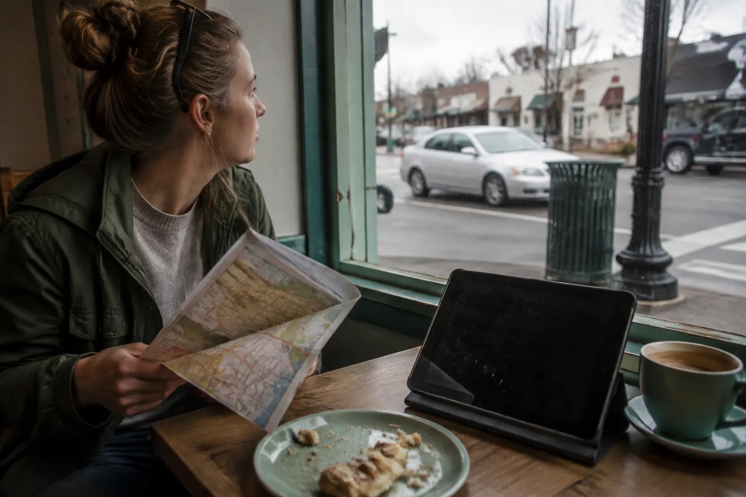 Traveler looking away from an unreadable tablet map toward a paper map and the street outside.