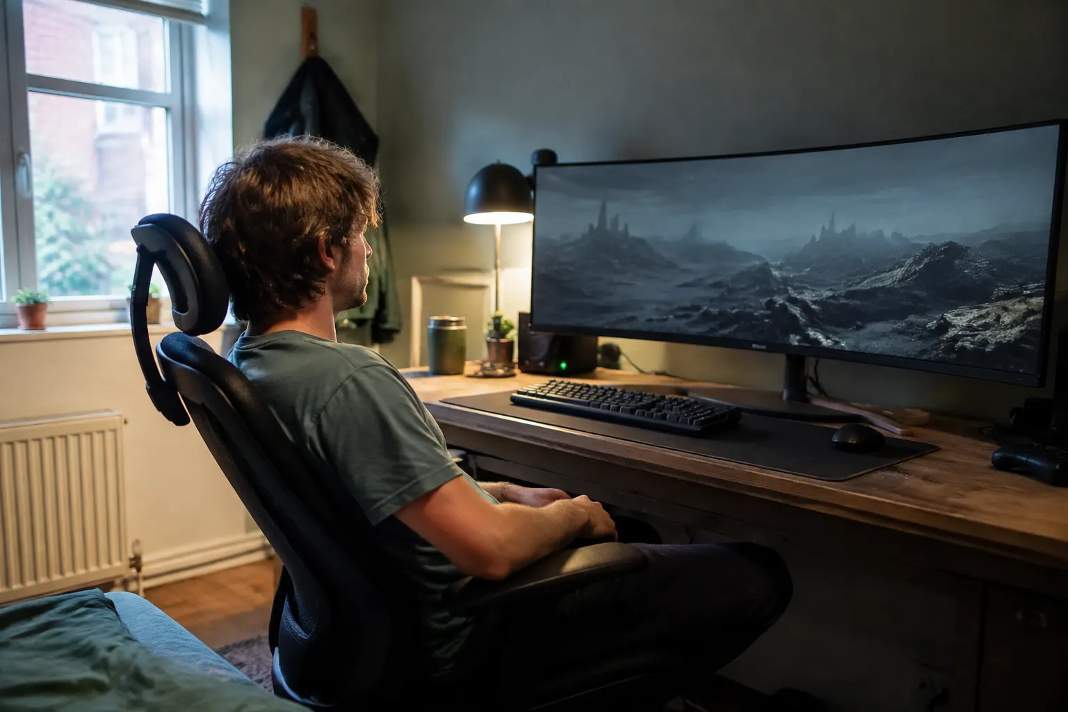 Computer user sitting farther from a curved ultrawide monitor and pausing visual activity.