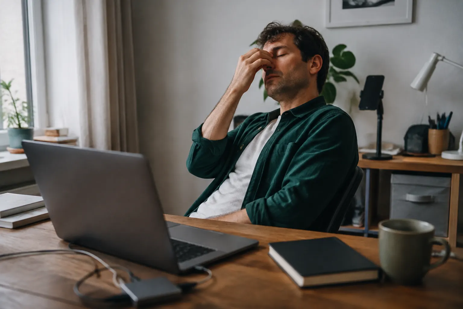 Remote worker taking a visual break from a laptop set up for a stable video call.