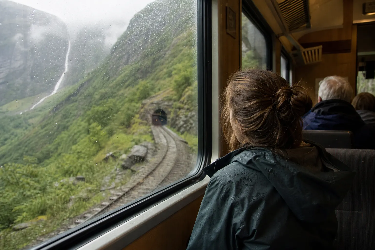 Traveler looking forward from an unbranded mountain train descending through a rainy Norwegian valley.