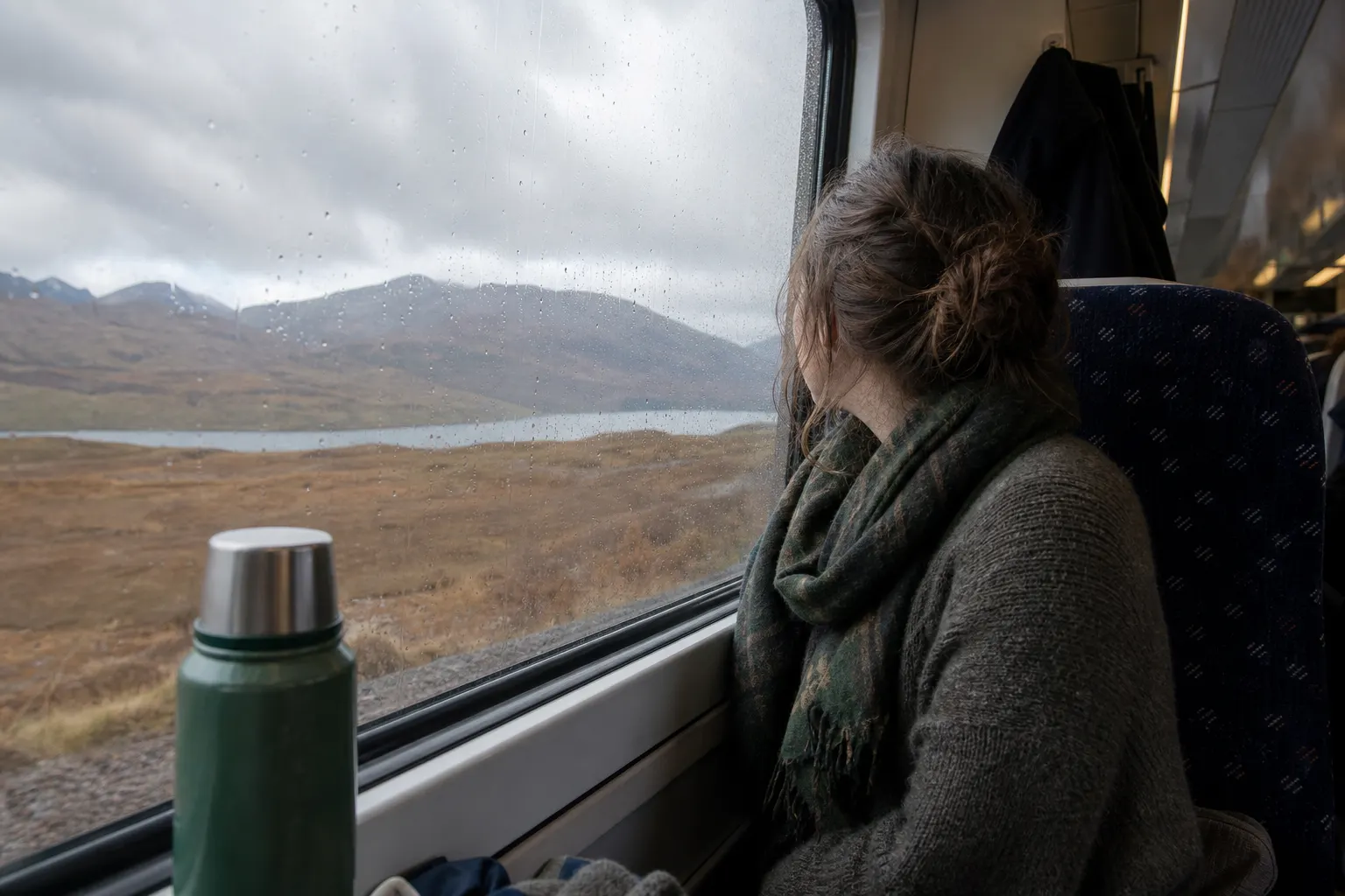Passenger looking toward distant Scottish hills from an unbranded regional train crossing moorland.