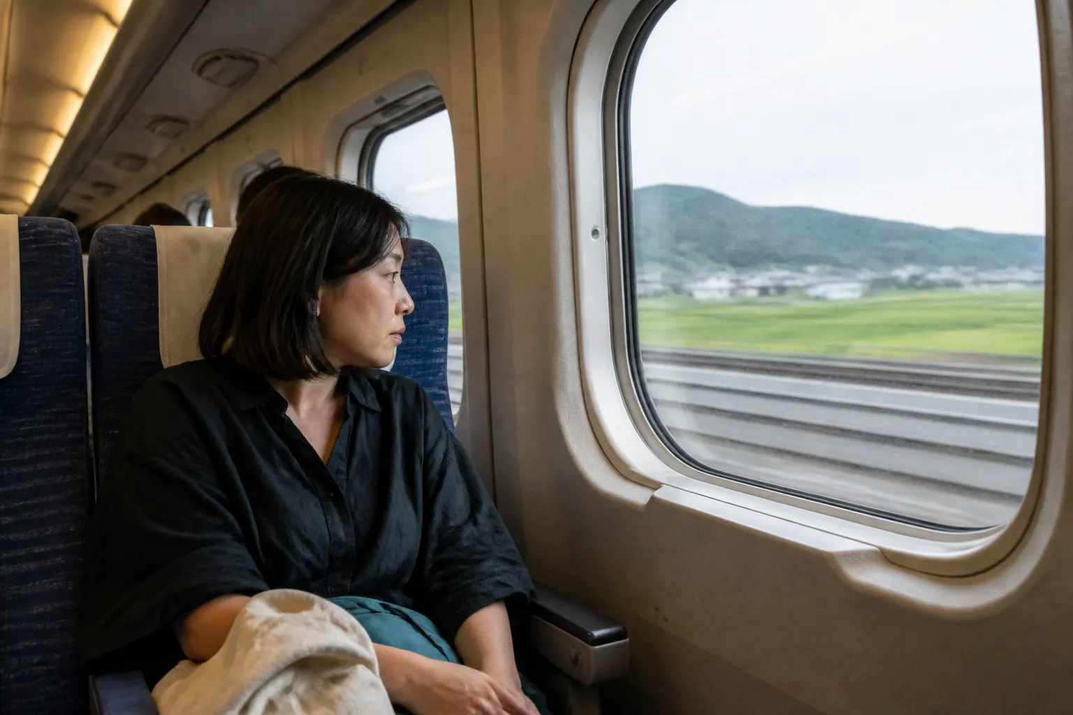 Passenger watching distant fields from the window of an unbranded Japanese high-speed train.