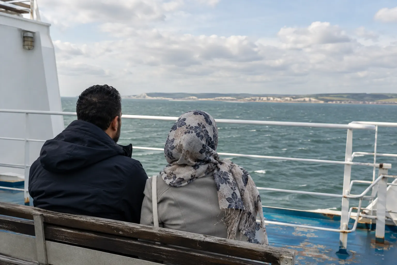 Two ferry passengers watching a distant coastline from a sheltered bench inside the deck rail.