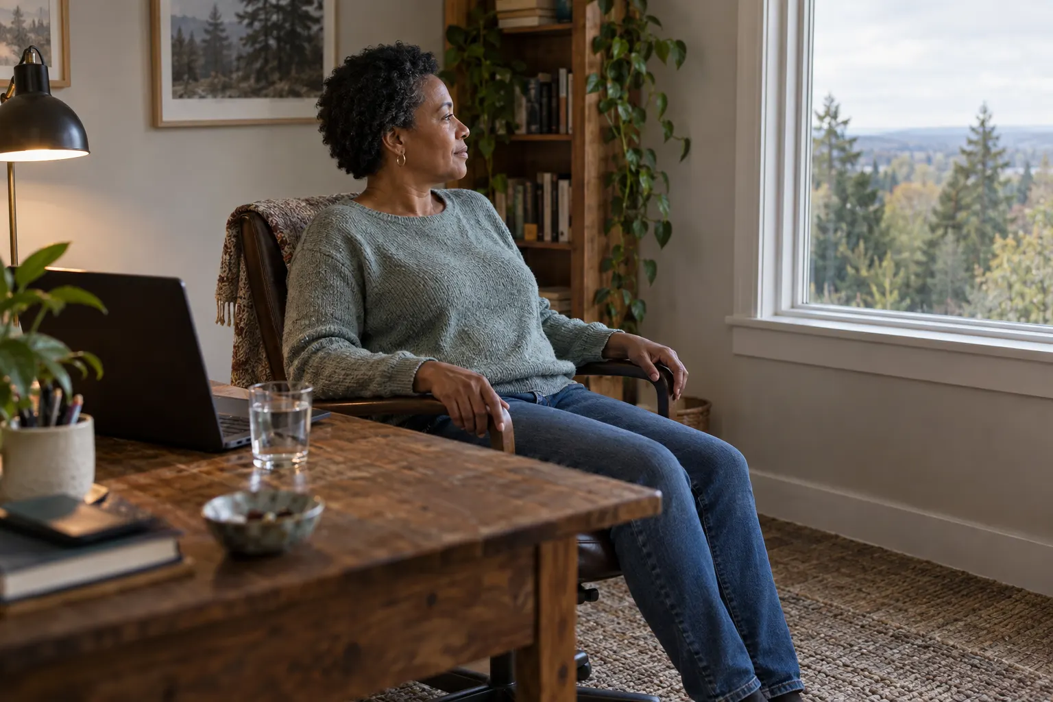 Person turning away from a laptop to look through a window at distant trees.