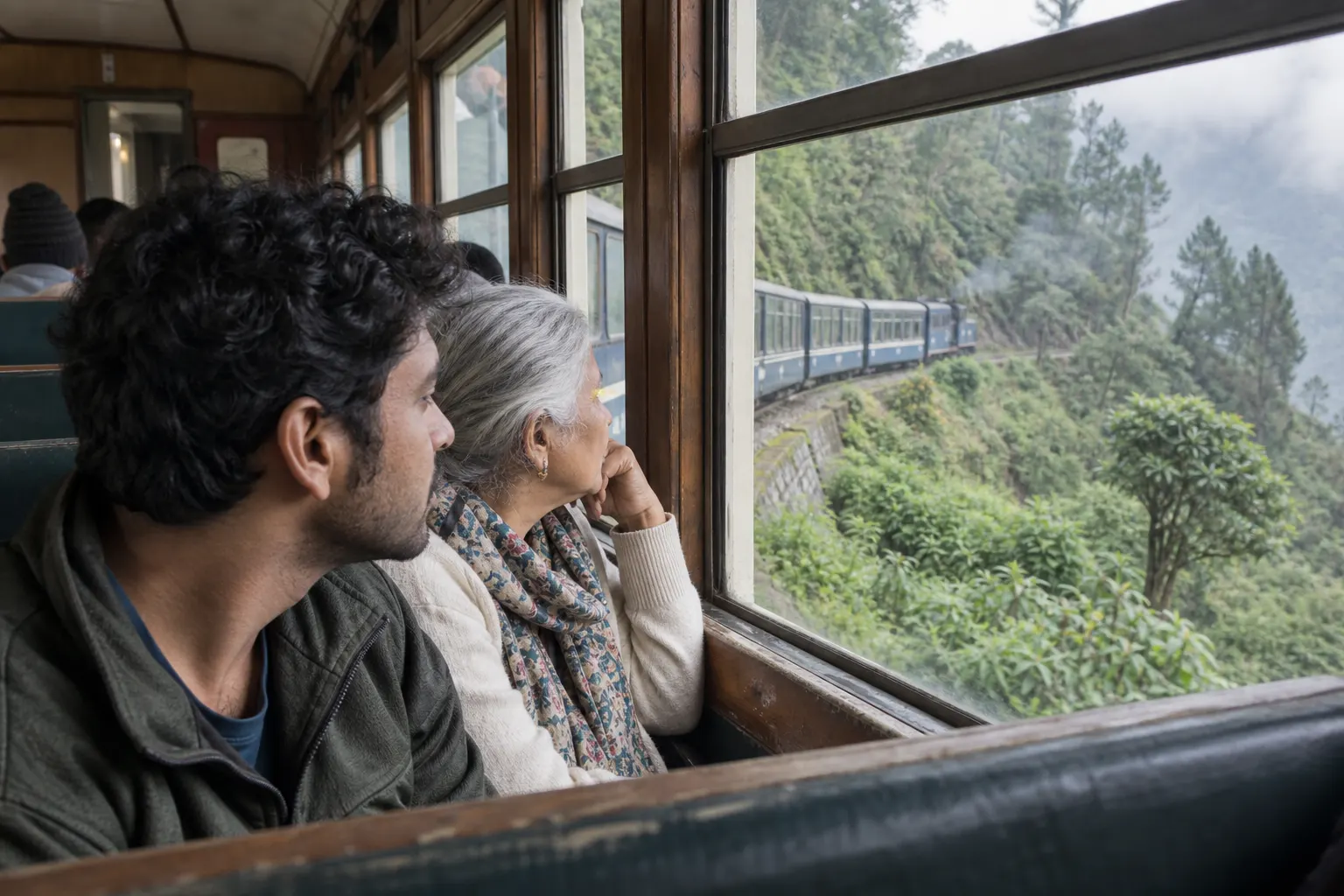 Passengers watching a small heritage train curve around a misty hillside from inside their coach.