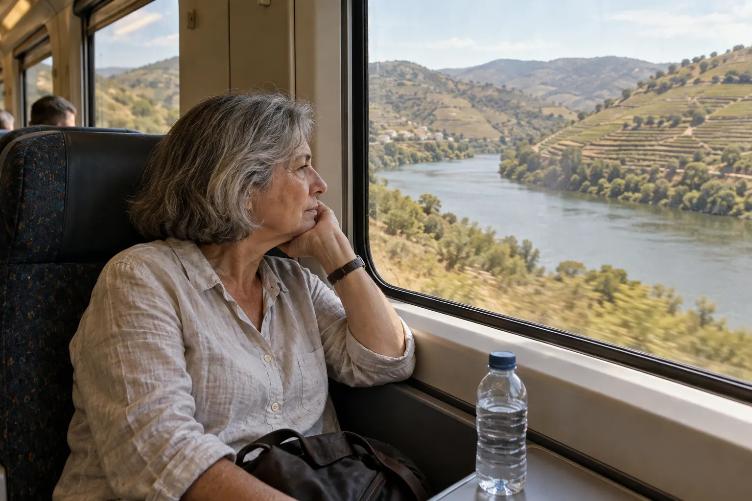 Regional-train passenger following a river bend beneath terraced hills through the window.