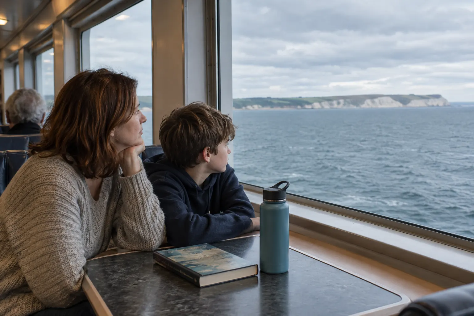 Parent and child watching a distant coast from a ferry lounge with a closed book on the table.
