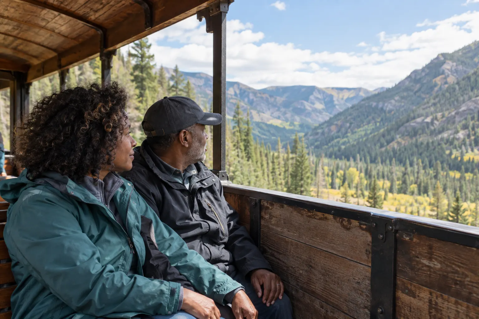 Passengers seated safely in an open observation carriage and looking across a pine-covered valley.