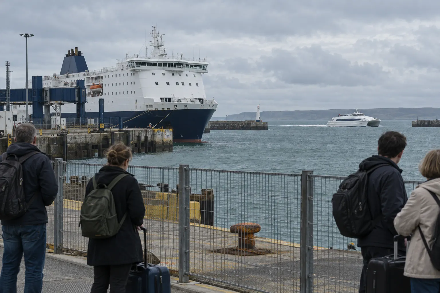 Large conventional passenger ferry and smaller fast catamaran viewed from a harbor boarding area.