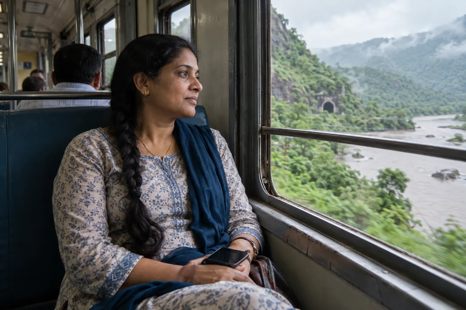 Train passenger looking at green hills and a river, with a tunnel entrance beyond the window.